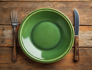Overhead view of a rustic wooden table setting featuring a vibrant green dinner plate, fork, and knife