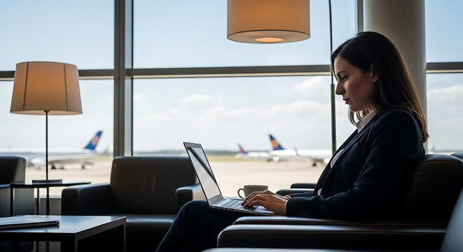 Businesswoman working on laptop, in airport lounge, with planes visible, business travel, productivity, modern, success
