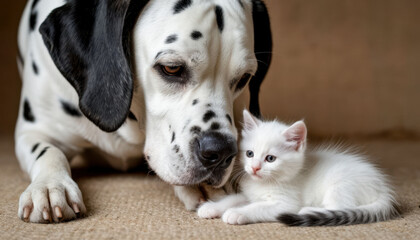 A big dog is sitting next to a small white kitten.