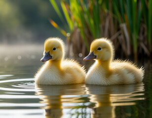 Little yellow ducklings swim in a pond among the reeds.