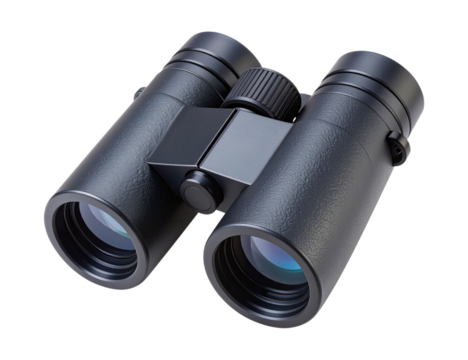 Black matte binoculars featuring dual lens cylinders and a central focusing knob on transparent background.