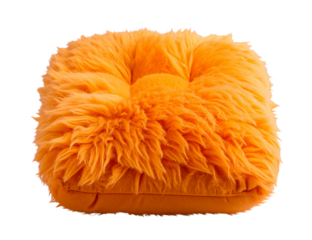 Fluffy orange square cushion with soft fur texture on transparent background.