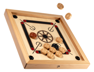 Carrom board with black, white, and red carrom men and a striker, framed in a wooden border, on transparent background.