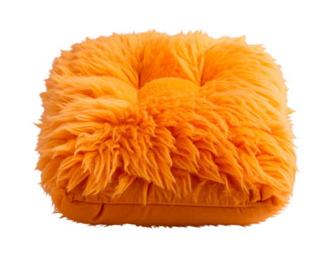 Fluffy orange square cushion with soft fur texture on transparent background.
