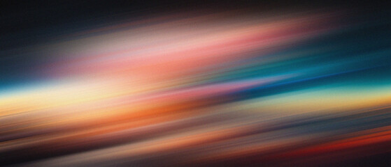 Abstract multicolor gradient with motion blur speed of light beam spectrum, noise grain texture on dark background. music poster, brand, creative backdrops. header banner website