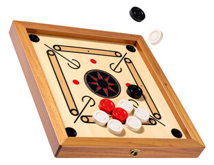 Carrom board with black, white, and red carrom men and a striker, framed in a wooden border, on transparent background.
