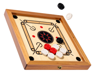 Carrom board with black, white, and red carrom men and a striker, framed in a wooden border, on transparent background.