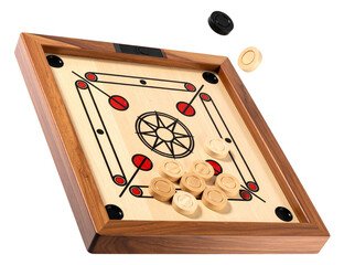Carrom board with black, white, and red carrom men and a striker, framed in a wooden border, on transparent background.