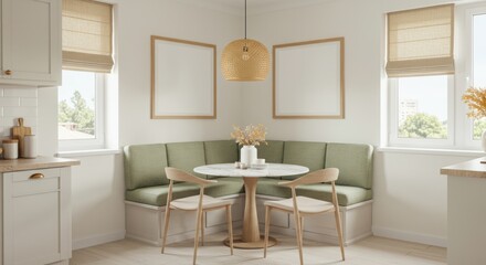 Cozy kitchen nook with banquette seating and frame mockup