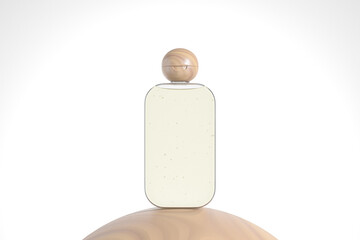 Clear cosmetic plastic bottle with wooden ball shape flip cap mockup, Spherical flip Cap square packaging, modern skincare container, rectangular shape squeeze bottle, cubic shape bottle
