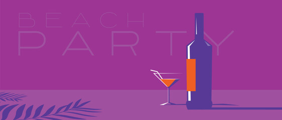 Restaurant banner, summer area, palm trees, bottle of wine, glass. Poster beach party, flat style, margarita, merri, martini