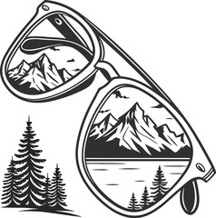 Vector illustration of a festive Christmas pine tree in a snowy mountain forest with stars