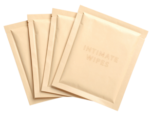 Four beige sachets labeled "Intimate Wipes" arranged in a fanned-out pattern on transparent background.