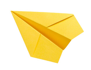 Yellow paper airplane folded with precision on transparent background.