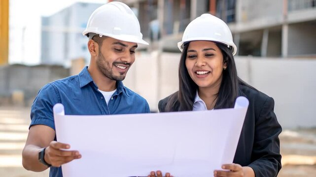 Two Professionals Review Blueprint at Construction Site