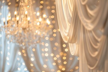 Soft flowing white wedding curtains with elegant crystal chandelier glow, bokeh lighting, luxurious wedding setting, soft romantic tones 