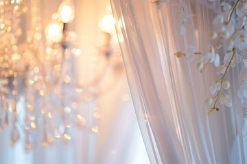 Soft flowing white wedding curtains with elegant crystal chandelier glow, bokeh lighting, luxurious wedding setting, soft romantic tones 