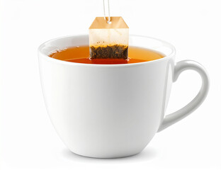 Ceramic white mug steeping herbal tea bag, warm liquid creating rich aromatic infusion against clean light background