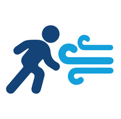 Blue icon of a running figure with wind lines, symbolizing speed and windy weather