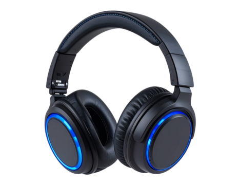 Modern wireless gaming headset with blue illuminating lights and microphone on a transparent background, perfect for gamers and streamers seeking high quality audio and communication