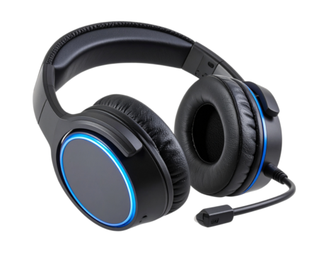 Modern wireless gaming headset with blue illuminating lights and microphone on a transparent background, perfect for gamers and streamers seeking high quality audio and communication