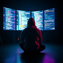 "A solo tech entrepreneur in hoodie sitting in front of multiple holographic screens in a dark room, code and AI data floating, neon glow, digital art, cinematic lighting"

