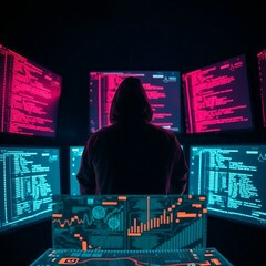 "A solo tech entrepreneur in hoodie sitting in front of multiple holographic screens in a dark room, code and AI data floating, neon glow, digital art, cinematic lighting"

