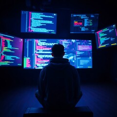 "A solo tech entrepreneur in hoodie sitting in front of multiple holographic screens in a dark room, code and AI data floating, neon glow, digital art, cinematic lighting"

