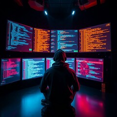 "A solo tech entrepreneur in hoodie sitting in front of multiple holographic screens in a dark room, code and AI data floating, neon glow, digital art, cinematic lighting"

