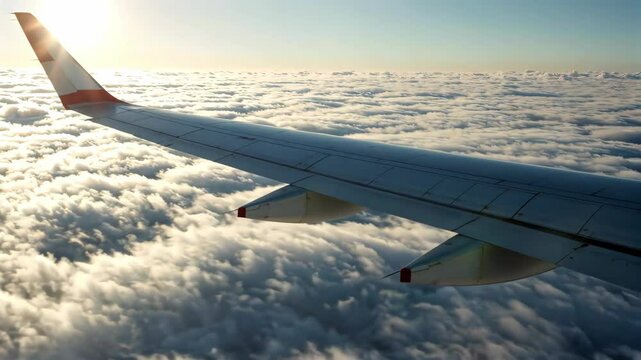 arafly view of a wing of an airplane flying above the clouds