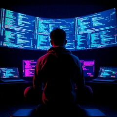"A solo tech entrepreneur in hoodie sitting in front of multiple holographic screens in a dark room, code and AI data floating, neon glow, digital art, cinematic lighting"

