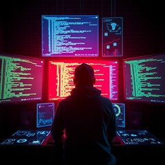 "A solo tech entrepreneur in hoodie sitting in front of multiple holographic screens in a dark room, code and AI data floating, neon glow, digital art, cinematic lighting"

