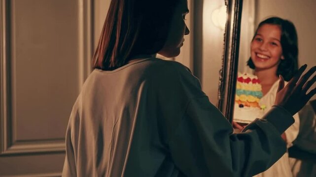 Woman facing mirror with smiling reflection holding cake, emotional and surreal self-image concept