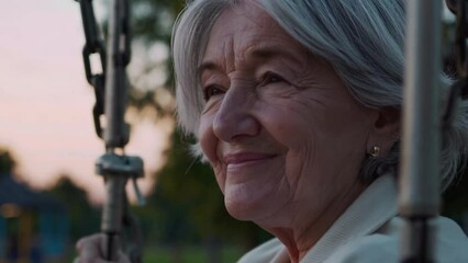 Smiling senior woman sitting on swing at sunset in park, joyful and reflective moment of aging