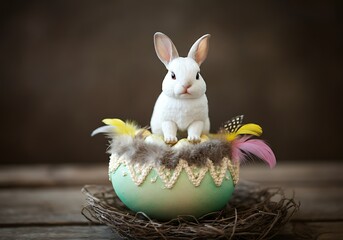 A charming image of a small, white baby rabbit sitting atop a large, light beige Easter egg decorated with colorful feathers.