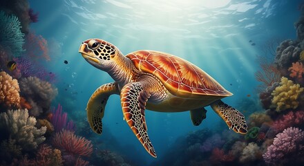Fototapeta premium A stunning illustration of a sea turtle gracefully swimming amidst a vibrant coral reef.
