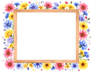 Obraz premium Wooden Frame with Colorful Summer Flowers Border Blank Template for Invitation Card or Announcement
