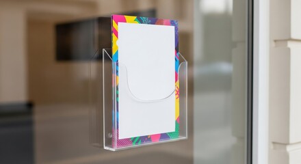 Clear wall-mounted brochure holder with colorful flyers inside