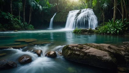 Poster de jardin Cascades Majestic Tropical Waterfall: Lush Jungle Paradise with Crystal-Clear Pool  © Sunny