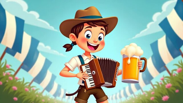 Man in traditional german outfit with beer mug playing accordion in bright colorful cartoon style on oktoberfest or beer day, bavarian style