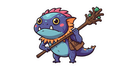 Cute Cartoon Fantasy Creature Sticker with Staff and Satchel