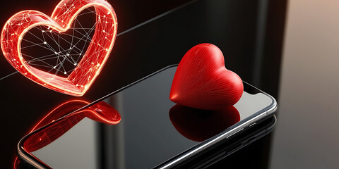 A shiny red heart rests on a smartphone, with a glowing heart shape