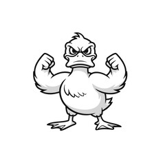 Angry Duck Mascot Logo, Standing Duck With Clenched Wings and Scowling Face, Simple Line Art