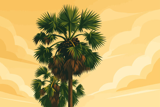 An illustration of a Borassus flabellifer (Asian palmyra palm or toddy palm) tree under a warm, golden sky with soft clouds. The tall palm tree features fan-shaped leaves and clusters of dark palm fru