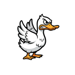 Angry Duck Logo, Side View Duck With Flared Wings and a Scowl, Bold Black Outline, Cartoon Design