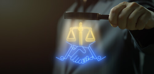 Business ethics and corporate responsibility concept for integrity, accountability, teamwork, fair practices, and ethical standards in corporate environments. Ethics icon on virtual screen.