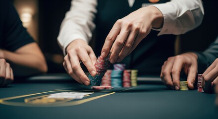 Hands stacking poker chips on casino table during card game