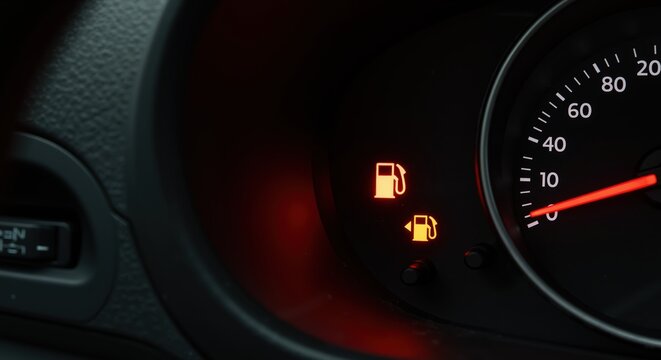 Fuel warning light illuminated on car dashboard close-up
