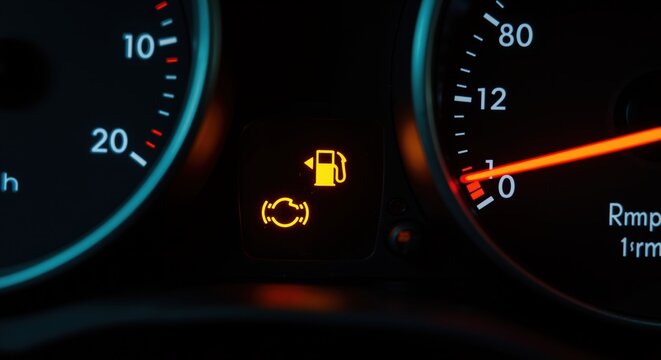 Fuel warning light illuminated on car dashboard close up  