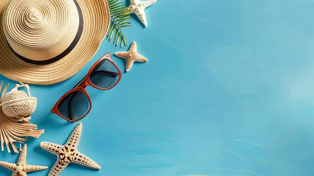 Beach accessories on a blue background
